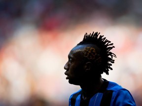 Montreal Impact's Dominic Oduro watches the play during first half semifinal Canadian Championship soccer action against the Vancouver Whitecaps in Vancouver, B.C., on May 23, 2017.