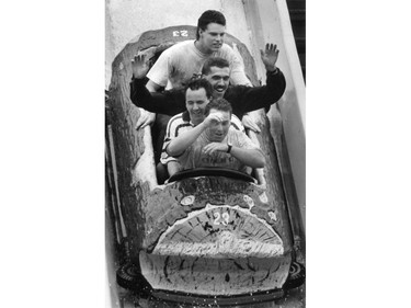 Sept. 7, 1992 — Front to back: Dominic Plasse, Stéphane Plasse, Sylvain Noël and Daniel Desrosiers of La Plaine ride La Pitoune at La Ronde on the last day of the 1992 season.