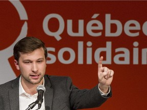 Gabriel Nadeau-Dubois speaks to supporters during an event in Montreal, Sunday, March 26, 2017, announcing him as Quebec Solidaire's nominee for the riding of Gouin in an upcoming byelection.