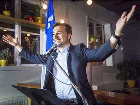 Quebec Solidaire candidate Gabriel Nadeau-Dubois reacts after winning the provincial byelection in the Montreal riding of Gouin on Monday, May 29, 2017.