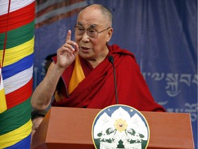 Tibetan spiritual leader the Dalai Lama speaks at Tsuglagkhang Temple in India on May 10.
