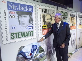 Former F1 driver Sir Jackie Stewart reveals a stamp in his honour as Canada Post unveils a new series of stamps commemorating the 50th anniversary of the Canadian Grand Prix Monday, May 15, 2017 in Montreal.