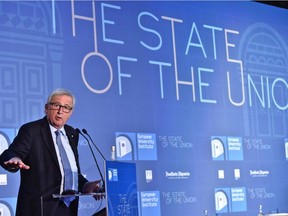 European Union Commission President Jean-Claude Juncker speaks during the State of the Union conference organized by the European University Institute at Palazzo Vecchio in Florence, Italy, Friday, May 5, 2017.