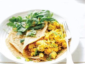 Laura Wright recommends serving this miso and turmeric chickpea scramble alongside crêpes studded with green onions.
