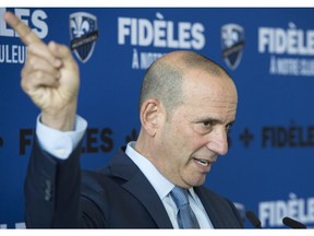 MLS Commissioner Don Garber responds to a question during a news conference, Tuesday, May 16, 2017 in Montreal.