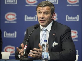 Montreal Canadiens general manager, Marc Bergevin speaks with reporters at the Bell Sports Complex in Brossard on Monday, April 24, 2017. (Peter McCabe / MONTREAL GAZETTE)