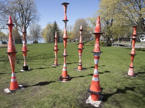 An art display of  orange cones at Stewart Hall as seen last Friday in Pointe-Claire.