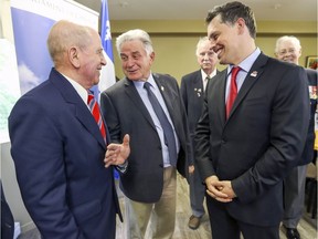 Vaudreuil-Soulanges MP Peter Schiefke (right) chats with Fred Aronson (left), chairman of Manoir Cavagnal, and Hans Gruenwald, ex-chairman and current mayor of Rigaud after announcing a federal grant for the seniors' residence in Hudson last Thursday.