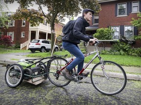 “Right now we are cleaning up twigs, weeding and laying down mulch. I unplug the bike in the morning and head out for the day,” says Alex Pettem, manager of Biocyclette, a bike-powered gardening service.