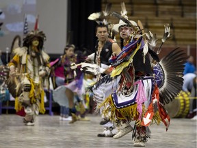 Pow Wow dancers take to the floor in celebration during the Montreal Pow Wow at Verdun Auditorium May 6, 2017.