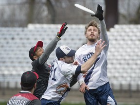 Montreal Royal's Quentin Bonnaud stretches for a pass during an ultimate Frisbee match against Toronto Rush at Complexe sportif Claude-Robillard in Montreal on Sunday, May 7, 2017.