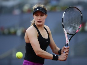 Eugenie Bouchard of Canada in action in her match against Alizé Cornet of France during day one of the Mutua Madrid Open tennis at La Caja Magica on May 6, 2017 in Madrid, Spain.