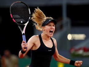 Eugenie Bouchard of Canada defeated Maria Sharapova of Russia on day three of the Mutua Madrid Open tennis at La Caja Magica on May 8, 2017 in Madrid, Spain.
