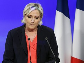 French presidential election candidate for the far-right Front National (FN) party, Marine Le Pen makes a statement after being defeated in the second round of the French presidential elections at the Chalet du Lac on May 07, 2017 in Paris, France. Macron defeated Marine Le Pen in the final round of France's presidential election and becomes the youngest President of the French republic.