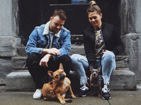Sitting on a stoop on St-Paul St. in Old Montreal, Louie the French Bulldog and Bruce the Chiweenie enjoy time with owners Marc-André Fortin and Roxanne Porlier.