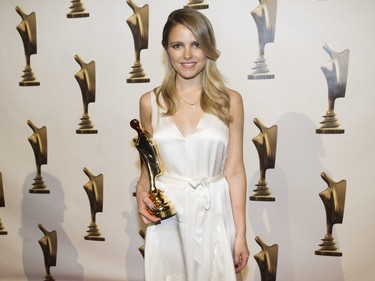 Sarah-Jeanne Labrosse holds up her award for best host of a youth show at the Gala Artis awards ceremony in Montreal, Sunday, May 14, 2017.