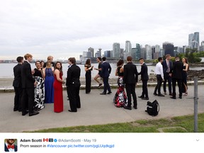 Canadian Prime Minister Justin Trudeau photobombed again, as captured  here at a prom photo shoot in B.C. by his official photographer, Adam Scotti, who then posted it on Twitter.