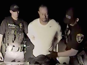 A screengrab from dash-cam footage released Wednesday night by Jupiter, Fla., police of Tiger Woods's arrest for alleged DUI.