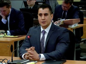 Screengrab of Iad Hanna, an internal affairs investigator who is being investigated for allegedly threatening Normand Borduas, testifies at Chamberland Commission on May 18, 2017.