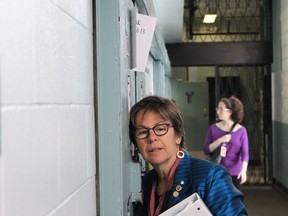 Senator Kim Pate visits the segregation unit at the Millhaven Institute, a federal penitentiary, on May 19, 2017. Pate is on a fact finding mission to study living conditions inside the federal prison system.