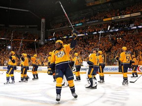 P.K.Subban #76 of the Nashville Predators raises his stick to thanks the fans after a 3-1 Predator victory over the St. Louis Blues in Game Six of the Western Conference Second Round during the 2017 NHL Stanley Cup Playoffs  at Bridgestone Arena on May 7, 2017 in Nashville, Tennessee.