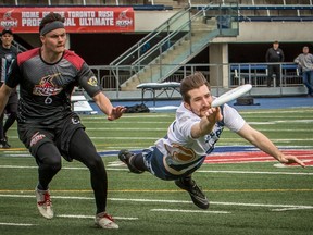 The Montreal Royal's Basile Limoges goes for the disc during the win over the Toronto Rush on April 29, 2017.