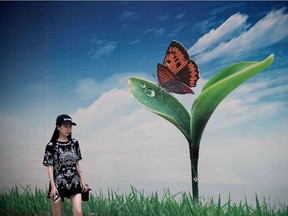 Photo of the day: A woman walks past a billboard depicting a butterfly on a leaf in Beijing on May 26, 2017.
