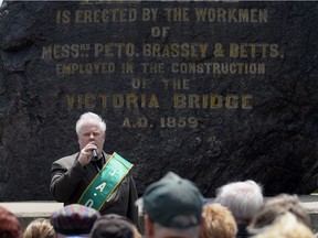 Victor Boyle, president of the Ancient Order of Hibernians, speaks at the Black Rock in Montreal on May 31, 2009, at a commemoration of the Irish immigrants who died of typhus in Montreal after fleeing the potato famine in 1847.