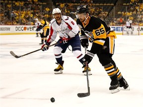 PITTSBURGH, PA - MAY 08:  Ron Hainsey #65 of the Pittsburgh Penguins skates against the Washington Capitals in Game Six of the Eastern Conference Second Round during the 2017 NHL Stanley Cup Playoffs at PPG PAINTS Arena on May 8, 2017 in Pittsburgh, Pennsylvania.