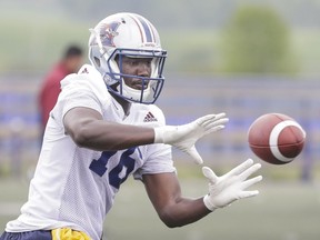 Slotback George Johnson takes part in the Montreal Alouettes training camp at Bishop's University in Lennoxville on May 29, 2016.