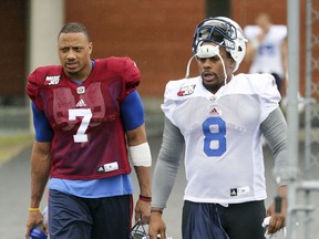 MONTREAL, QUE.: MAY 30, 2017 -- Montreal Alouettes veterans reciever Nik Lewis, right, and defensive end John Bowman walk onto the field for training camp session at Bishop's University in Lennoxville, southeast of Montreal Tuesday May 30, 2017. (John Mahoney / MONTREAL GAZETTE) ORG XMIT: 58691 - 9377
John Mahoney, Montreal Gazette