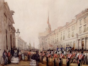 The funeral of General Benjamin d'Urban (Commander of the British Forces in North America 1847-49) a month after the burning of Parliament in 1849. The presence of British soldiers in Montreal (Canada's capital at the time), could incite violence, so a special police force was formed to supplement the Montreal police force when needed.