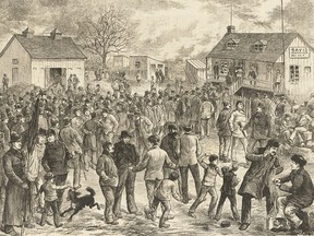 The labour strikes at the Lachine Canal in 1843 and 1873 (shown) never reached a climax matching that of the strike at the Beauharnois Canal (about 50 km southwest of Lachine), where on June 12, 1843, at least eight labourers were killed when troops brought in to restore order opened fire. The workers wanted decent pay, shorter hours and the freedom to purchase food from local farmers.