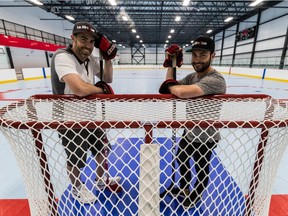 Josh Naygeboren, left, and Jordan Topor, are co-owners of Le Rinque, an indoor ball hockey arena in Montreal.