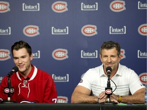 Newly acquired Canadiens forward Jonathan Drouin and general manager Marc Bergevin were all smiles at a Bell Centre press conference on Thursday.