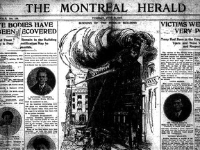 The Montreal Herald front page of June 14, 1910, the day after a fire killed 32 employees in The Herald building.