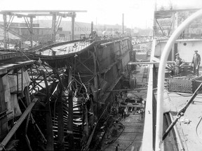 Damage to the Cymbeline oil tanker at the Canadian Vickers Co. dry dock after two explosions in the early morning of June 17, 1932, resulted in the deaths of 30 people.