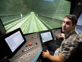 Montreal Gazette journalist Jason Magder tries his hand at driving the STM Azur Metro simulator in Montreal on Monday June 19, 2017.