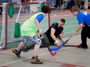 NHL defenceman Marco Scandella plays ball hockey with kids attending the Laurent Duvernay-Tardif Foundation sports camp in Montreal on Tuesday June 20, 2017.