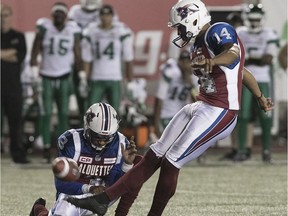 Alouettes' Boris Bede kicks the game-winning field goal  against the Saskatchewan Roughriders during fourth-quarter action in Montreal on Thursday, June 22, 2017. He wasn't so lucky in Toronto on Saturday, Oct. 20, 2018.