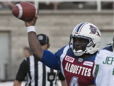 Montreal Alouettes quarterback Darian Durant throws the ball during first quarter action in Montreal on Thursday June 22, 2017.