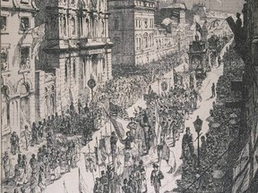 The procession on St. Jacques St. during the Grande Fete Nationale, June 24-25, 1874.