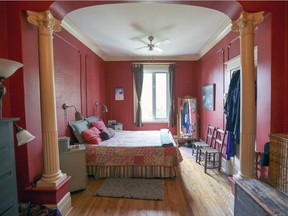 Pillars divide the master bedroom in what was probably a formal "salon" at one time. Lisa Finken's Plateau Mont-Royal condo is on the top floor of a building she bought in 1986. It was a 6-plex before it was reconfigured as three apartments, then converted into condos.