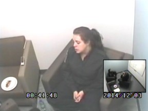 A screengrab of Stefanie McClelland being interviewed by RCMP investigator René Desfossés after her arrest on Dec. 2, 2014. She was sentenced to an 11-year prison term this week.
