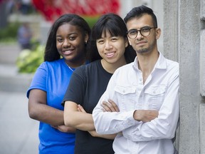 McGill University diversity and engagement officer Sameer Zuberi poses with second year medical student Amanda Try, centre, and high school student Aaliyah Dawes Wilson outside the university in Montreal, Wednesday, June 28, 2017.