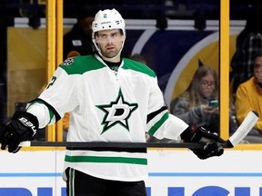 FILE - In this Feb. 12, 2017, file photo, Dallas Stars defenseman Dan Hamhuis plays against the Nashville Predators during the second period of an NHL hockey game in Nashville, Tenn. The unnatural motion of skating causes abdominal injuries that require surgery, but the recovery time is drastically different from player to player. (AP Photo/Mark Humphrey, File)
