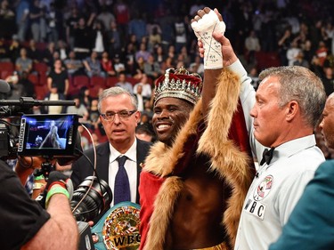 Adonis Stevenson celebrates his victory against Andrzej Fonfara during the WBC light heavyweight world championship match at the Bell Centre on June 3, 2017 in Montreal, Quebec, Canada.  Adonis Stevenson defeated Andrzej Fonfara in the second round by way of technical knockout.