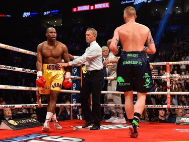 Adonis Stevenson (left) looks towards Andrzej Fonfara (right) during the WBC light heavyweight world championship match at the Bell Centre on June 3, 2017 in Montreal, Quebec, Canada.  Adonis Stevenson defeated Andrzej Fonfara in the second round by way of technical knockout.