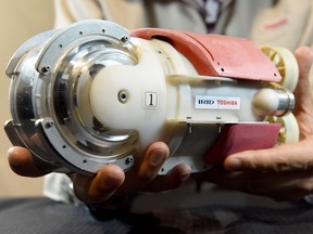 An employee displays a remotely operated underwater vehicle (ROV) aka robot during a press preview at the IRID facilities in Yokosuka, a suburb of Tokyo, on June 15, 2017.  The ROV was developed to inspect the interior of the Fukushima Daiichi Nuclear Plant Unit 3, which was destroyed by a tsunami after a massive earthquake on March 11, 2011. TORU YAMANAKA/AFP/Getty