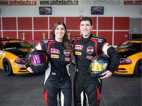 Ashley Sahakian and brother Chris Sahakian pose with the Ford Mustangs they will race during the 2017 season of the Canadian Touring Car Championship for United Auto Racing, which is owned by their father, George Sahakian. Chris won the overall championship last season.